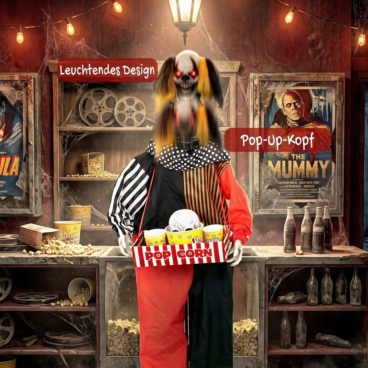 Animierter Halloween-Popcorn-Clown mit hochschnellendem Kopf, Grusel-Sound, Jahrmarktmusik und leuchtenden Augen