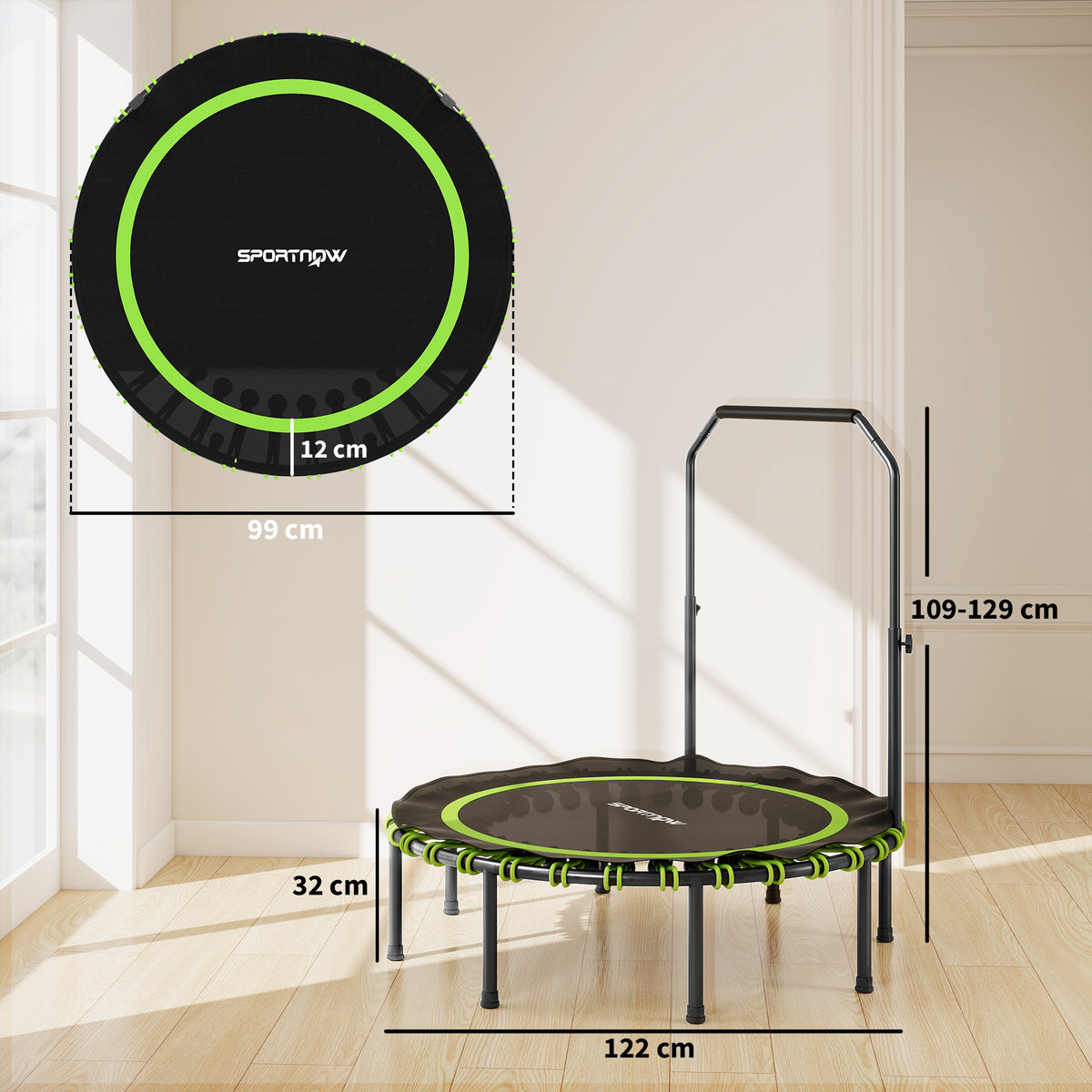 Fitness-Trampolin mit verstellbarem Handlauf, Sport-Trampolin f¨¹r drinnen und drau?en, Stahl, Kunststoff, Gr¨¹n