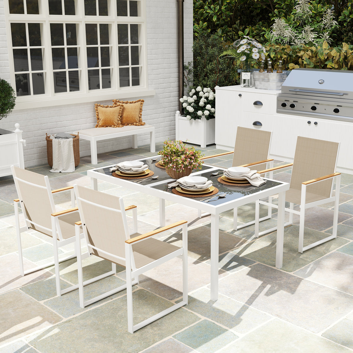 5 Piece Garden Furniture Set with 4 Armchairs and Tempered Glass Table Top, for Deck, Balcony