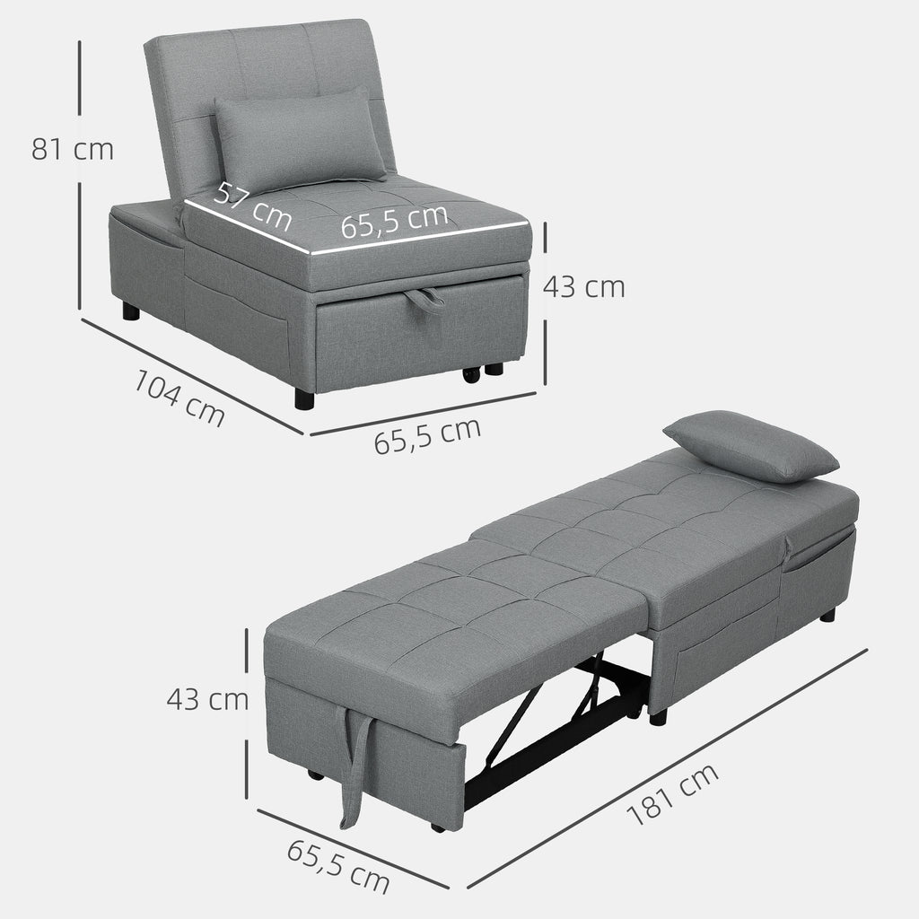3-in-1 Klappsessel mit Seitentasche, Gästebett mit Kissen, Verstellbarer Rückenlehne, Bettsessel mit Rollen, Hellgrau