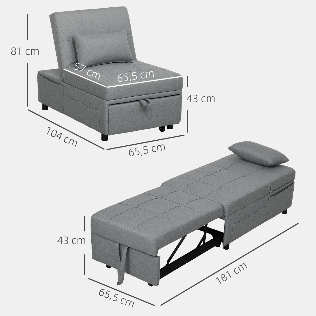 3-in-1 Klappsessel mit Seitentasche, Gästebett mit Kissen, Verstellbarer Rückenlehne, Bettsessel mit Rollen, Hellgrau
