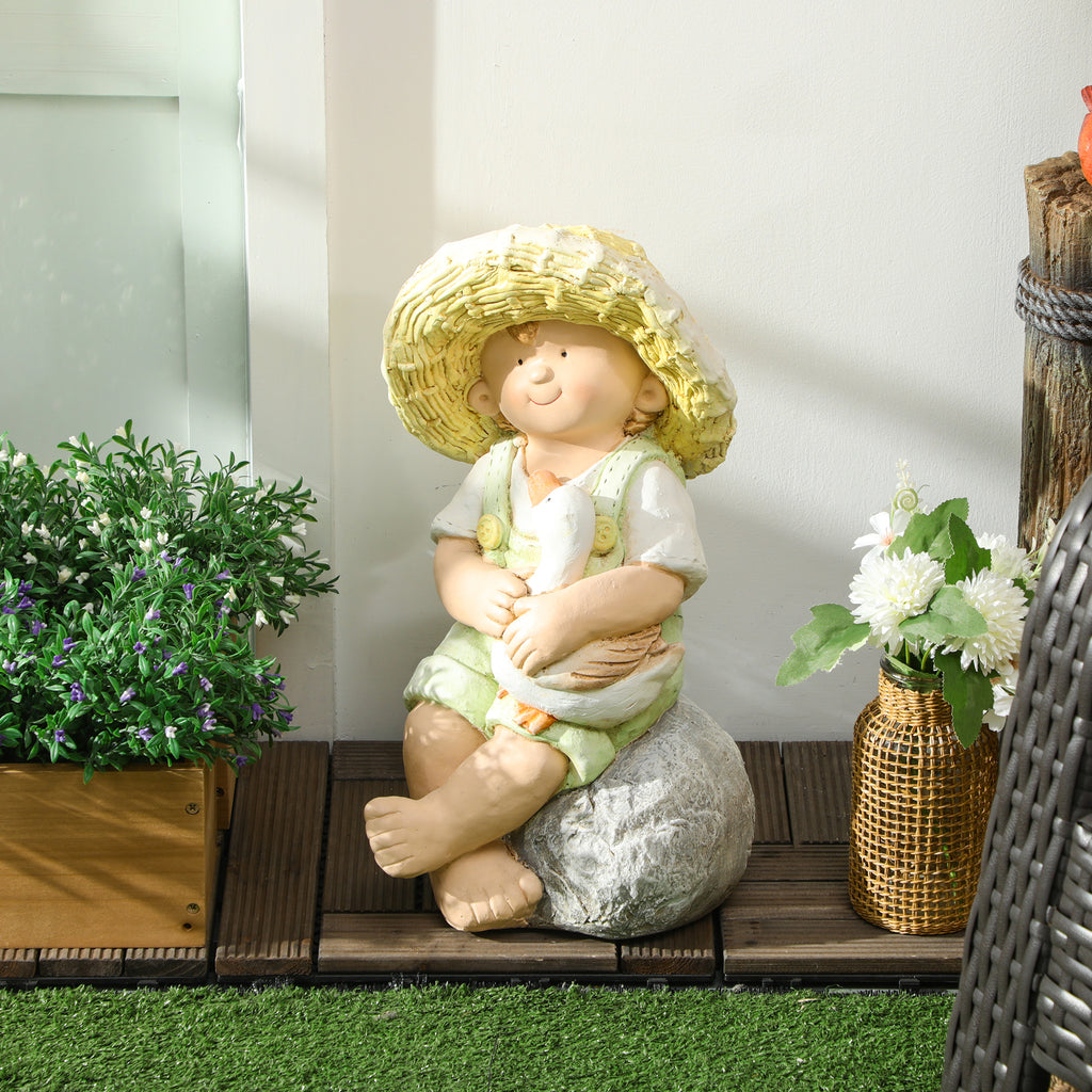 Gartenfigur "Kleiner Junge mit Strohhut", Gartendekoration, wetterbeständig, 23,5 cm x 25 cm x 43 cm
