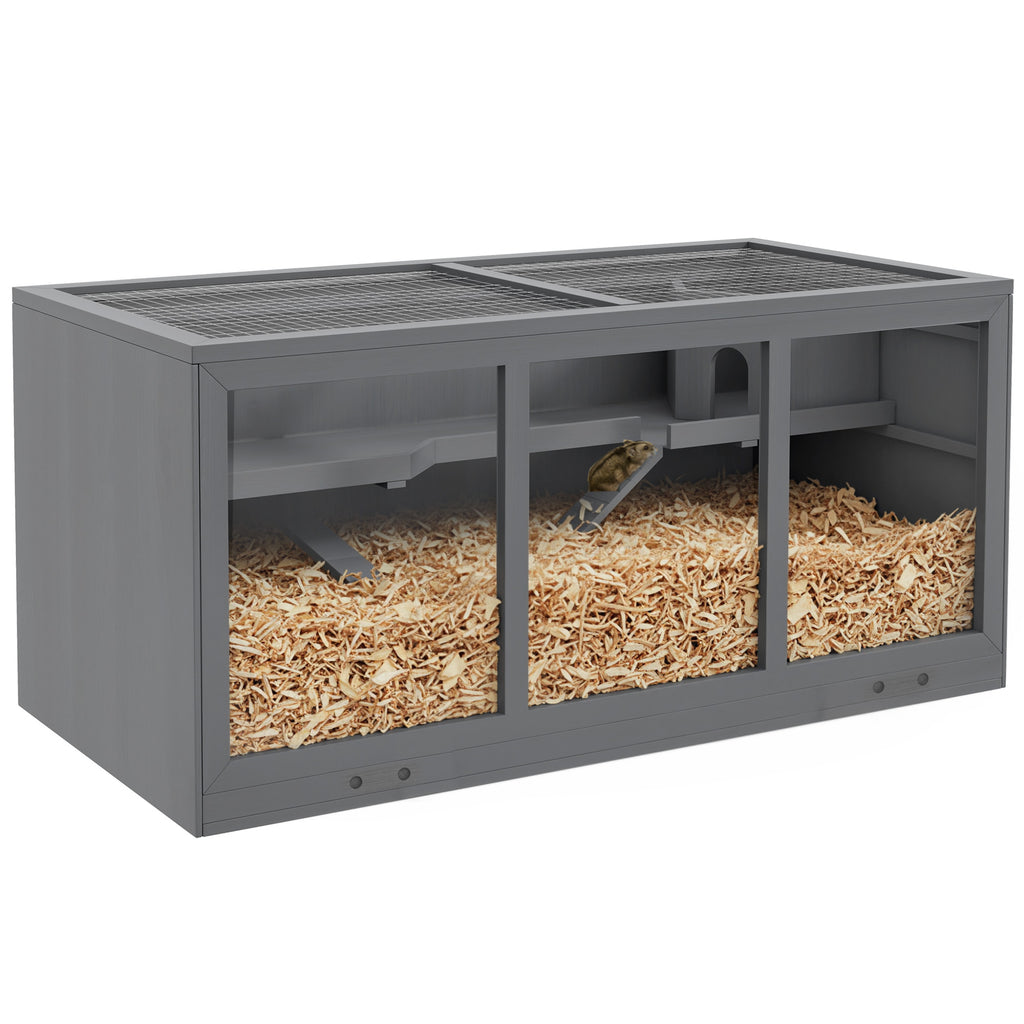 Wooden Hamster Cage, Small Animals Hutch with Tray, Openable Top, Exercise Play House Pen, 115L x 57W x 55Hcm, Grey