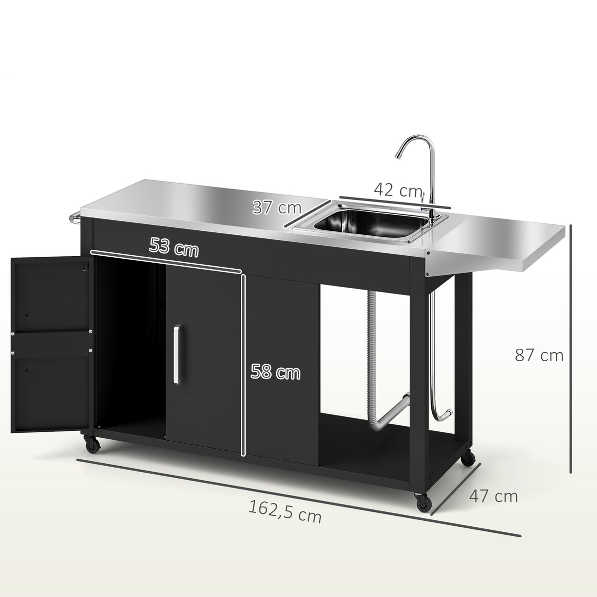 Grillwagen Servierwagen mit Arbeitsfl?che Seitenblatt Schrank Sp¨¹le R?der, Edelstahl 162,5x47x87cm Schwarz