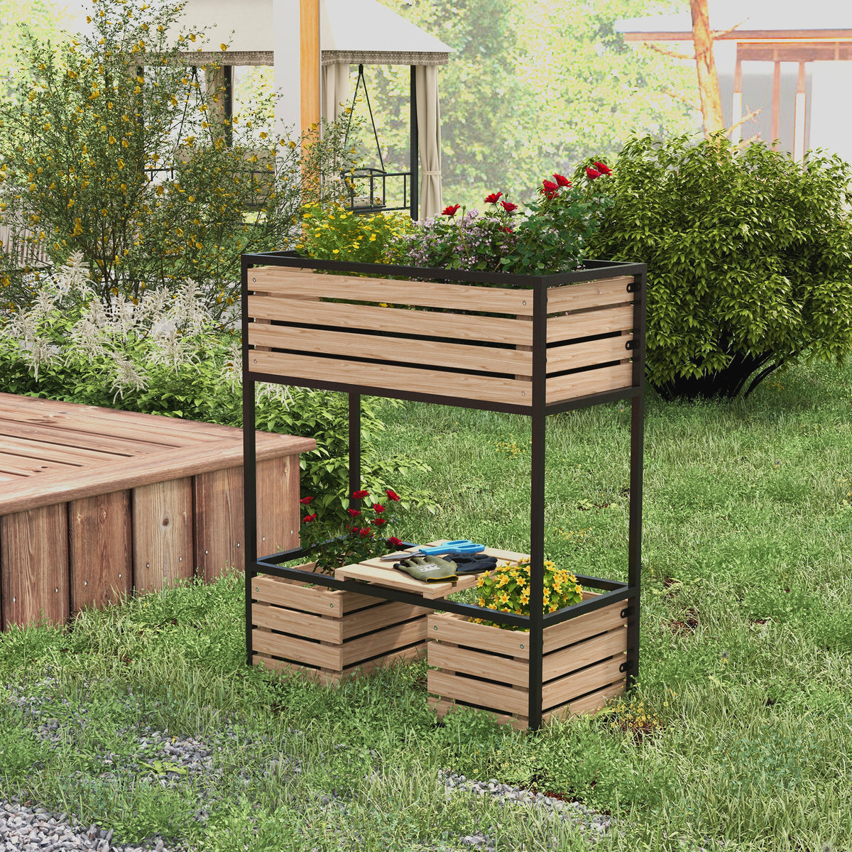 Planzkasten Blumentreppe Hochbeet, weterbest?ndig, 3 Pflanzk?sten, 83 cm x 39 cm x 100 cm, Natur + Schwarz