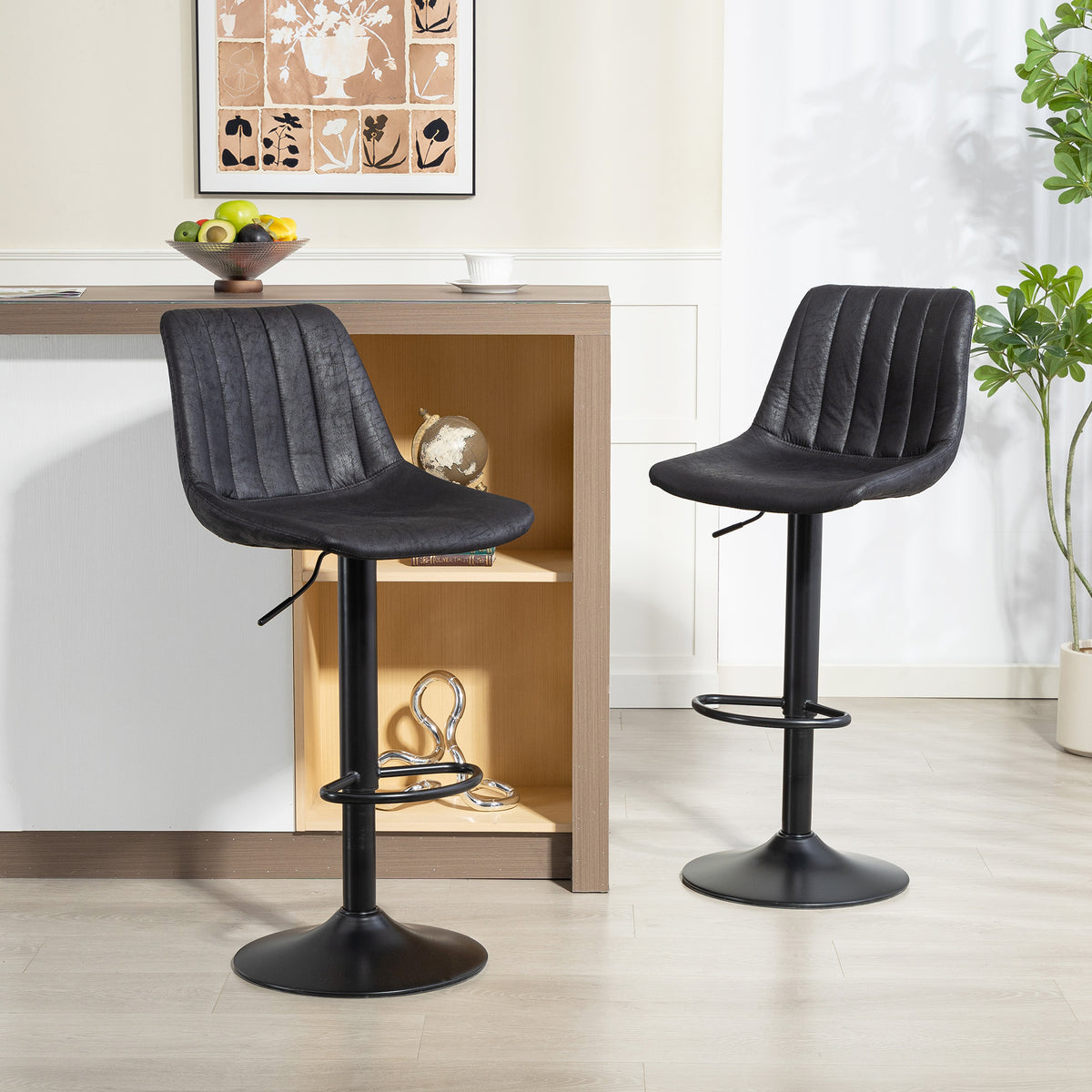 2er-Set Barhocker im Retrodesign, inkl. Fußstütze, höhenverstellbar, Gaslift, Schwarz