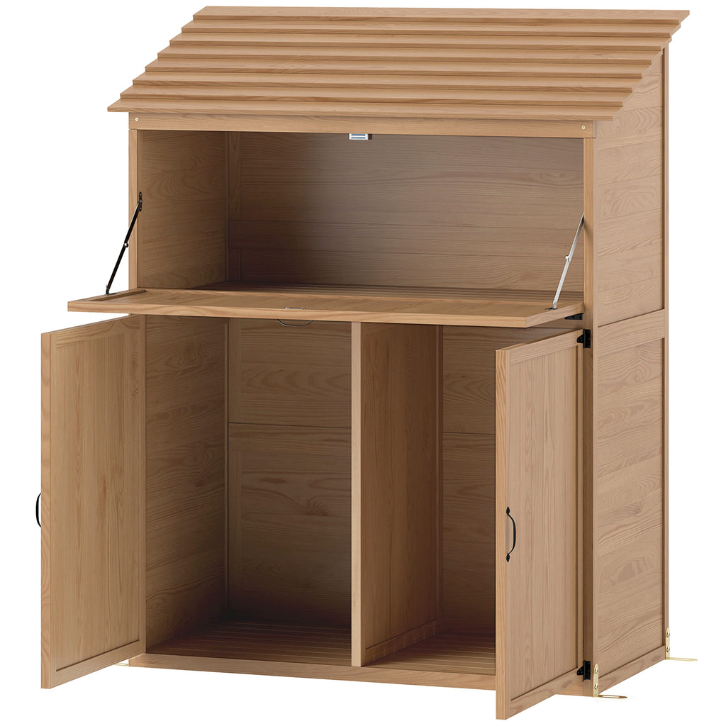 Garten-Aufbewahrungsschrank mit ausklappbarem Tisch, Werkzeugschrank mit Dach, 110 x 54 x 136 cm, Tannenholz, Braun
