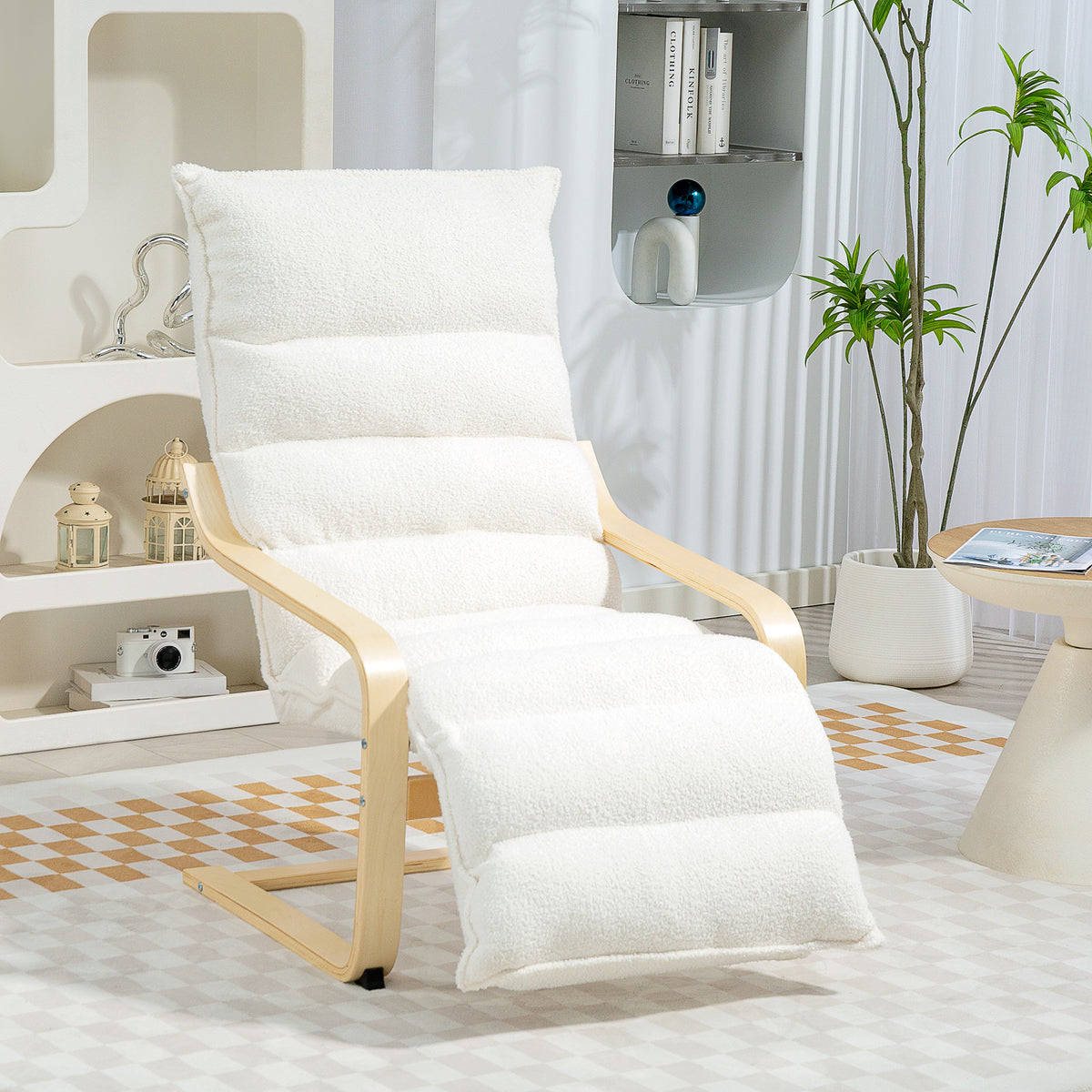 Lounge-Sessel aus Birkenholz, Polstersessel, verstellbare Fußstütze, Weiß