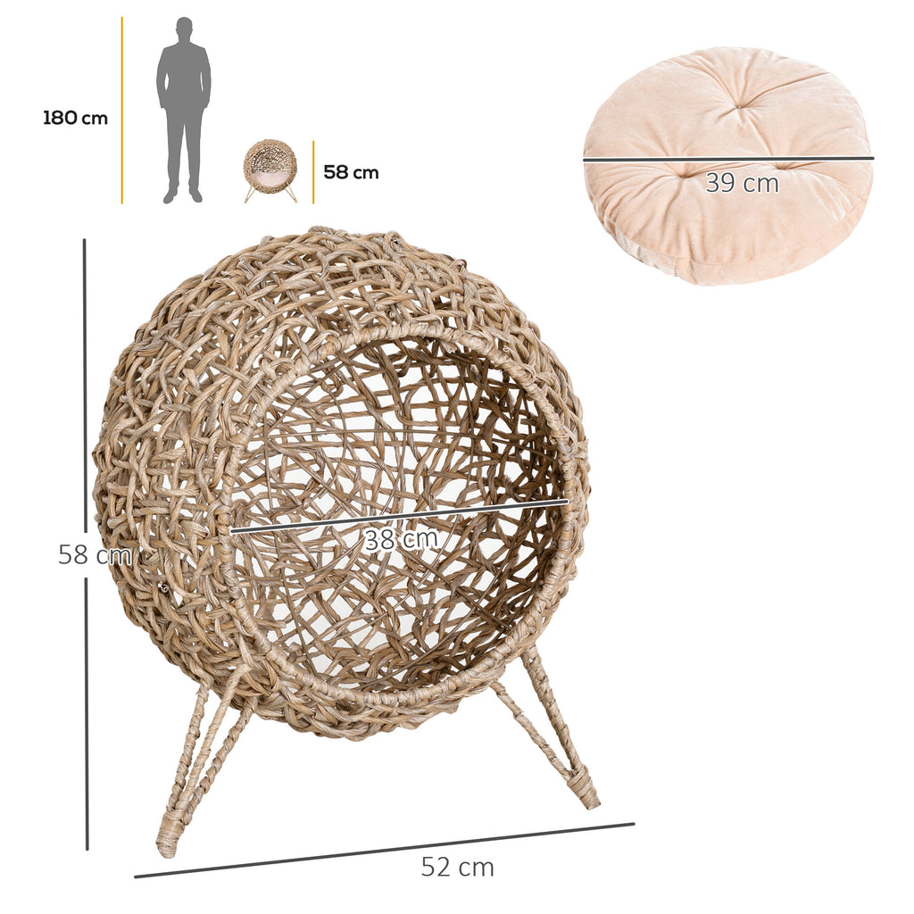 Rattan Elevated Cat Bed House Kitten Basket Ball-Shaped Pet Furniture w/ Removable Cushion - Natural