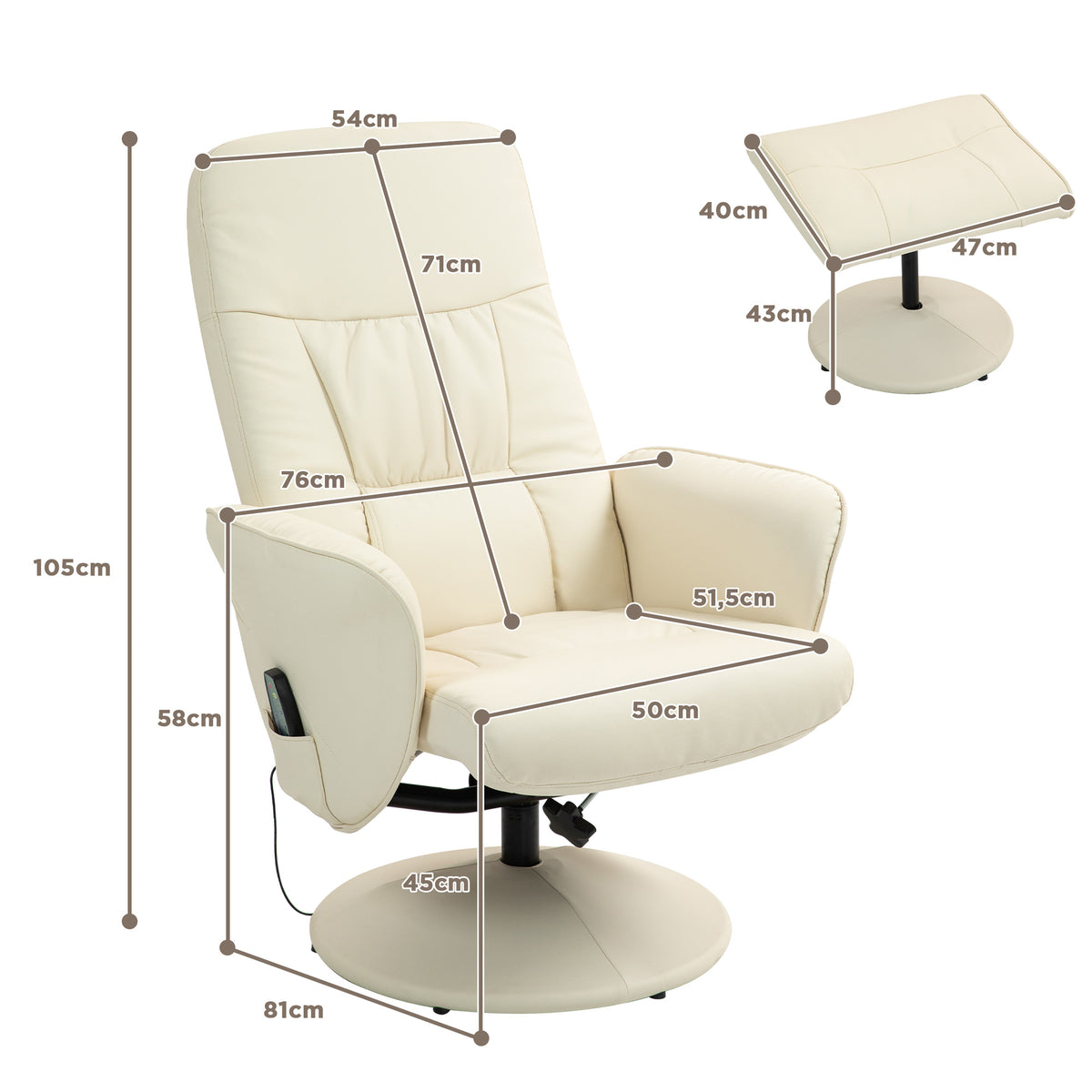 Massagesessel mit Fußhocker, Ergonomischer Stuhl mit 10 Vibrationspunkten, Kunstleder, 76 x 81 x 105 cm, Cremeweiß