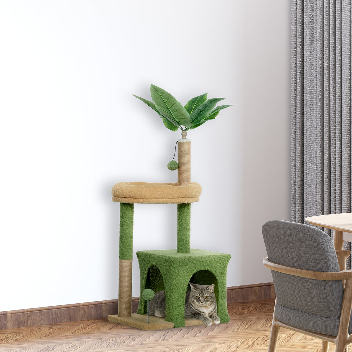 Kratzbaum 98 cm hoch Katzenbaum mit Höhle, Katzenbett Blätter-Design, Jutestämme, 2 Spielbälle für Katzen unter 5 kg