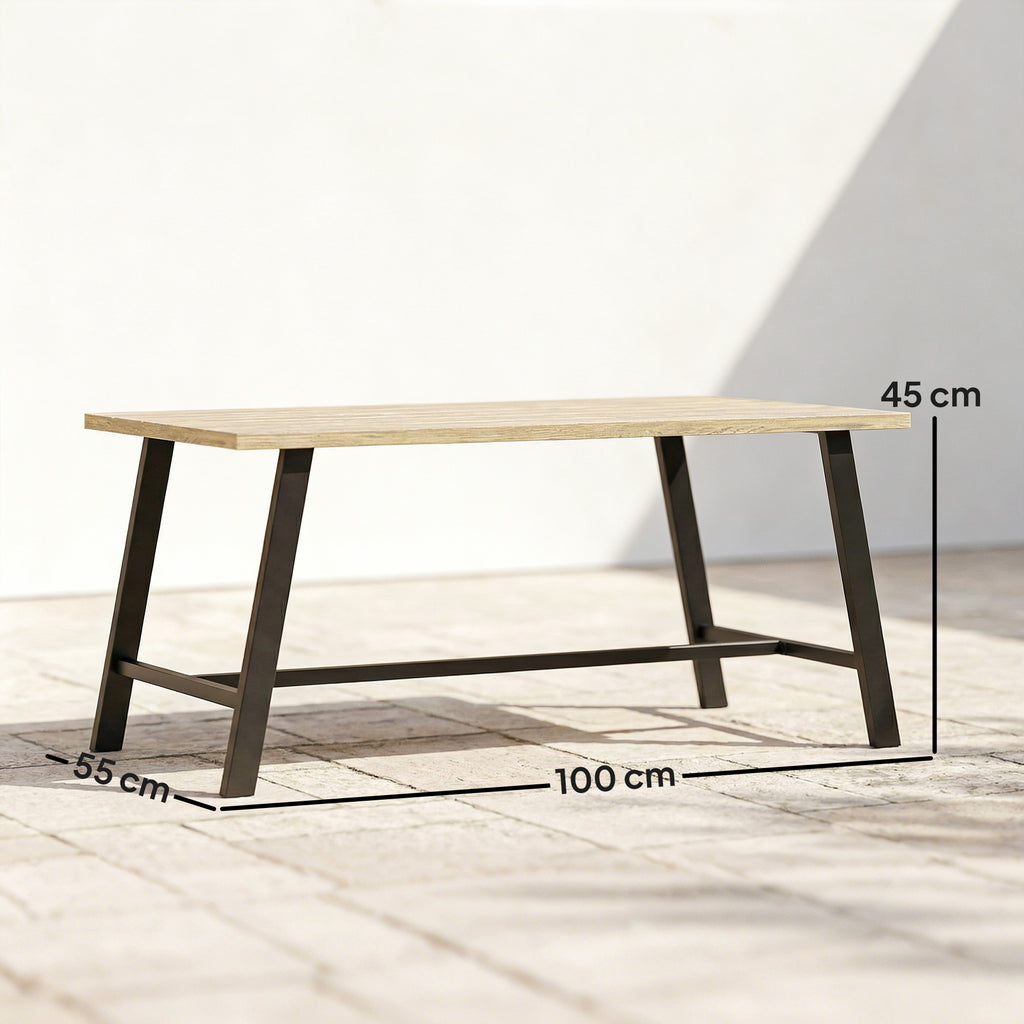Outdoor-Couchtisch, rechteckiger Metall-Beistelltisch mit Tischplatte in Holzoptik, 100 x 55 cm, Braun