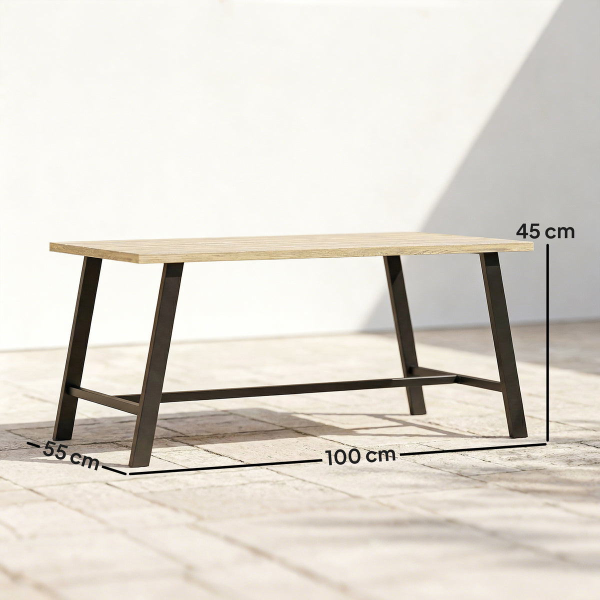 Outdoor-Couchtisch, rechteckiger Metall-Beistelltisch mit Tischplatte in Holzoptik, 100 x 55 cm, Braun