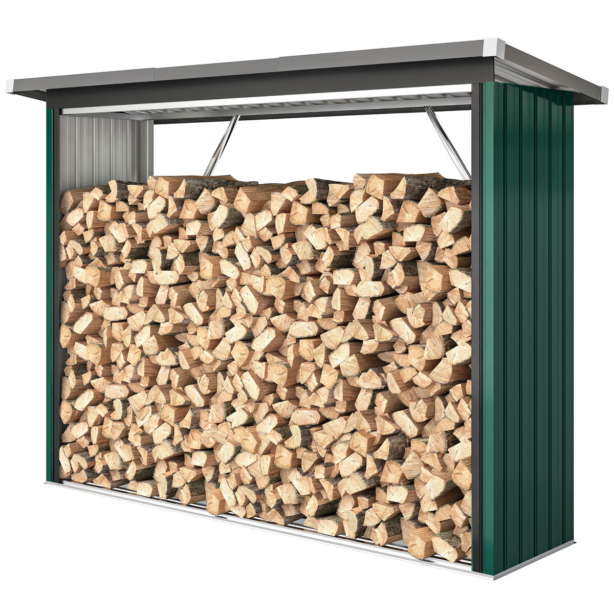Brennholzschuppen, Feuerholzunterstand, Stahl, erhöhter Boden, Schrägdach, 213 x 66,5 x 150 cm, Grün