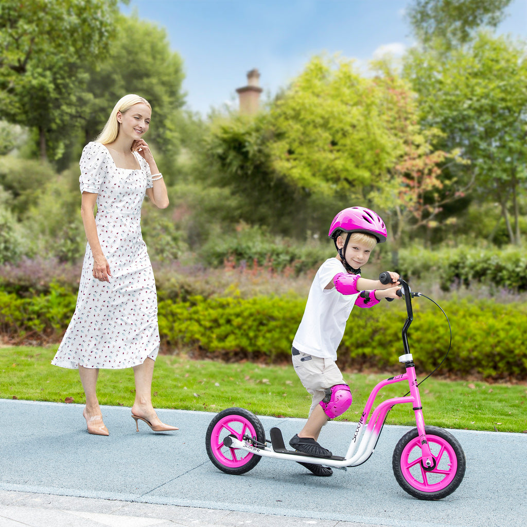 Kinderroller mit verstellbarem Lenker, große Räder, Parkständer, Handbremse, für Kinder im Alter von 5-12 Jahren, Rosa
