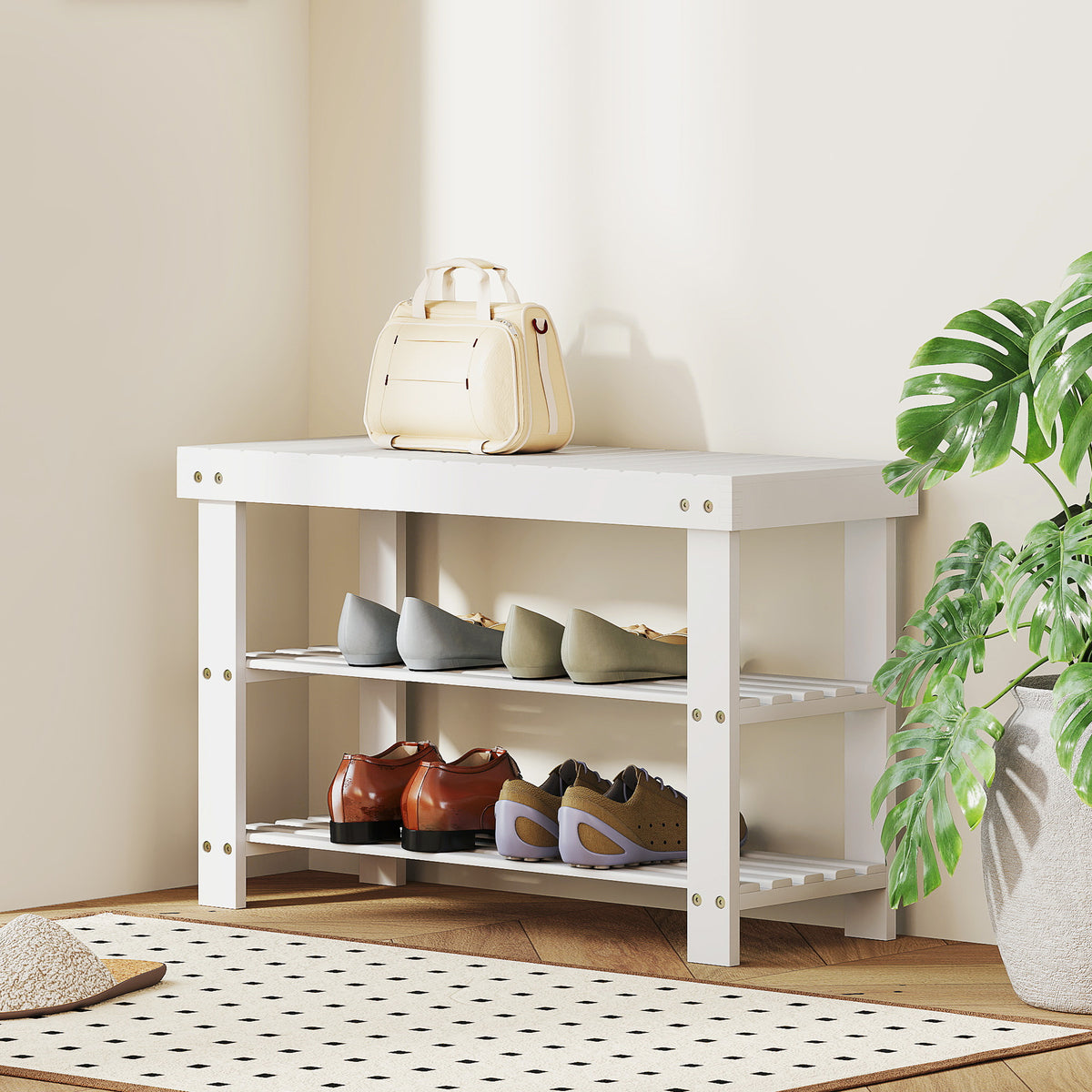 Schuhbank mit Sitzfläche Stauraum 2 Ablagen 70 x 28 x 45cm Weiß