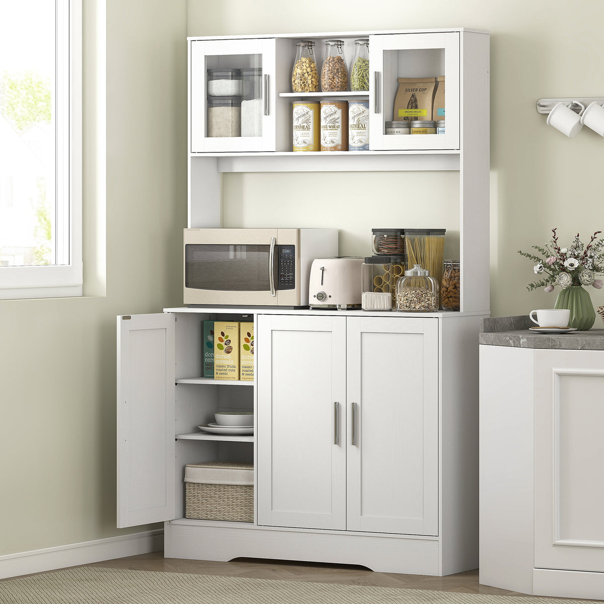 K¨¹chenschrank, Skandinavisches Design, 4 Schr?nke, verstellbare Regale, Glast¨¹ren, offene Fl?che, Spanplatte, MDF, Wei?
