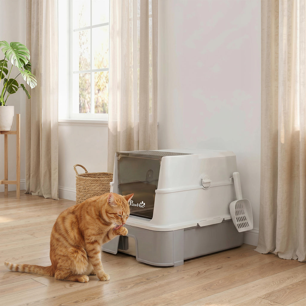 Katzentoilette aus Edelstahl mit Deckel, XL Katzenstreubox mit Schaufel, herausziehbare Wanne, hohe Seiten, leicht zu reinigen, grau
