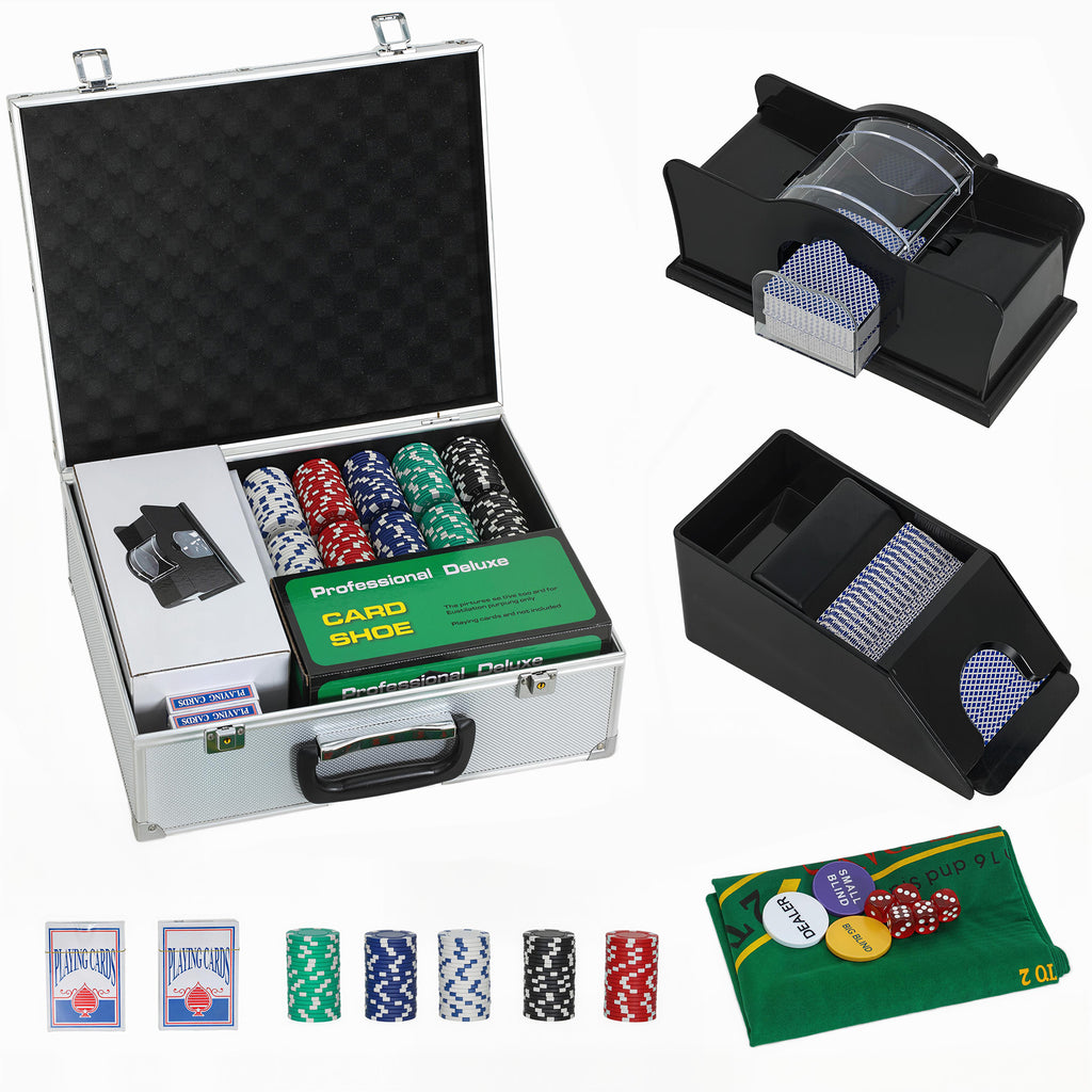 300-Piece Poker Chips Set with Card Shuffler, Card Shoe, Case, Casino Texas Holdem Poker Set with Mat, Silver Tone