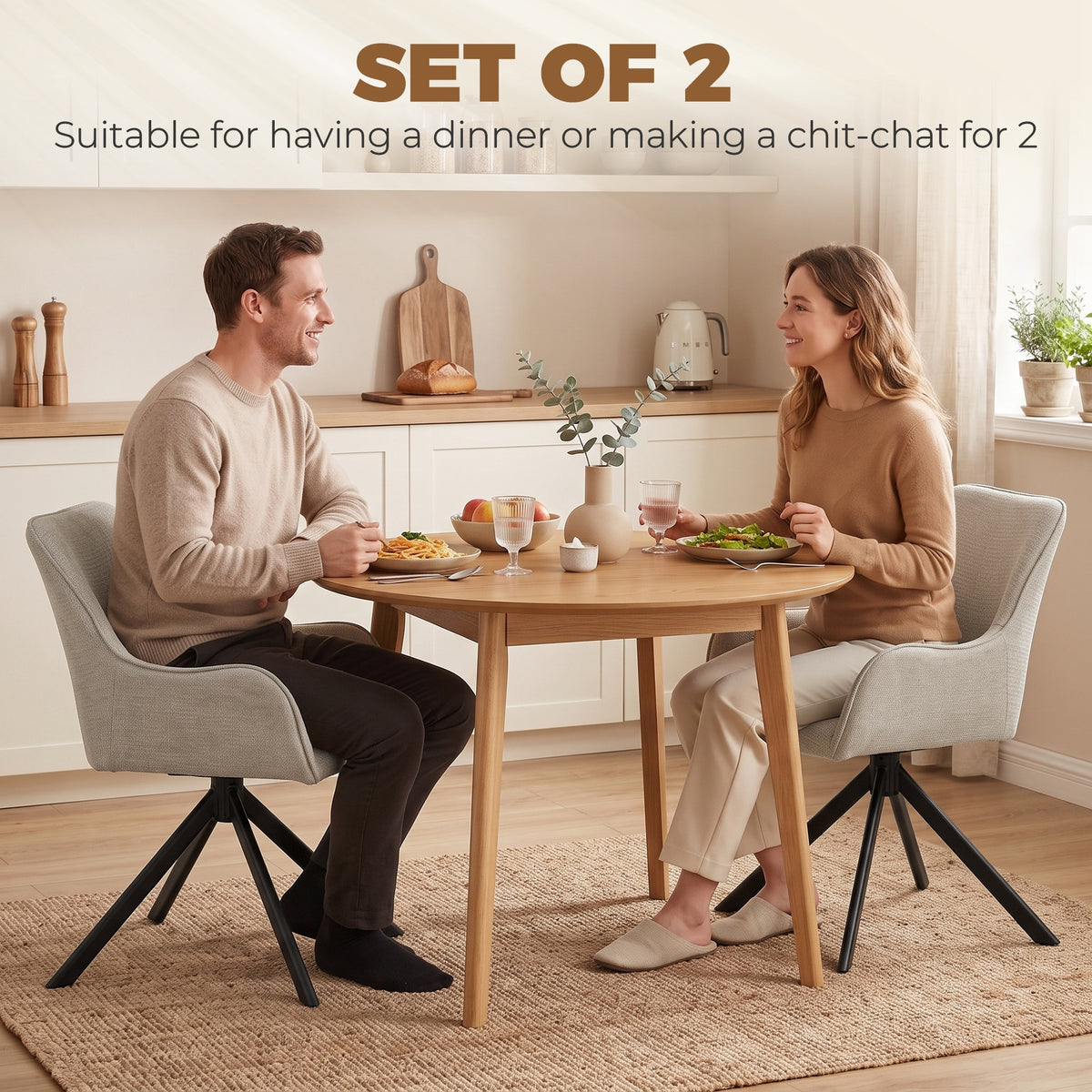 Esszimmerstühle 2er-Set, Drehbarer Küchenstuhl mit Armlehnen, Metallrahmen für Wohnzimmer, Esszimmer, Beige