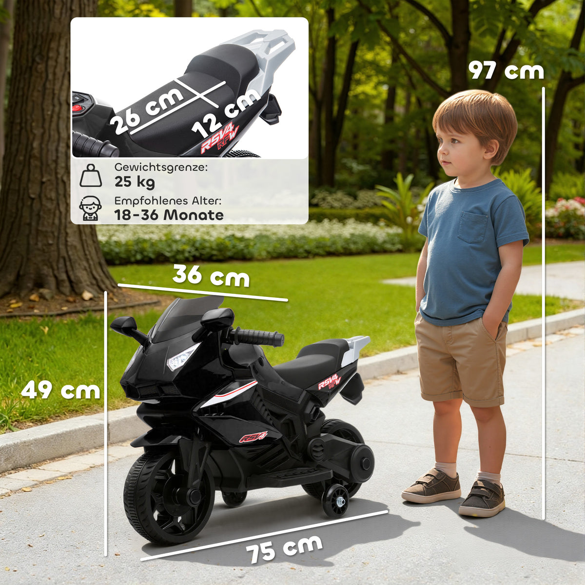 Elektro-Motorrad f¨¹r Kinder, Hupe, Scheinwerfer, Musikfunktion, 2,5 km/h, Schwarz