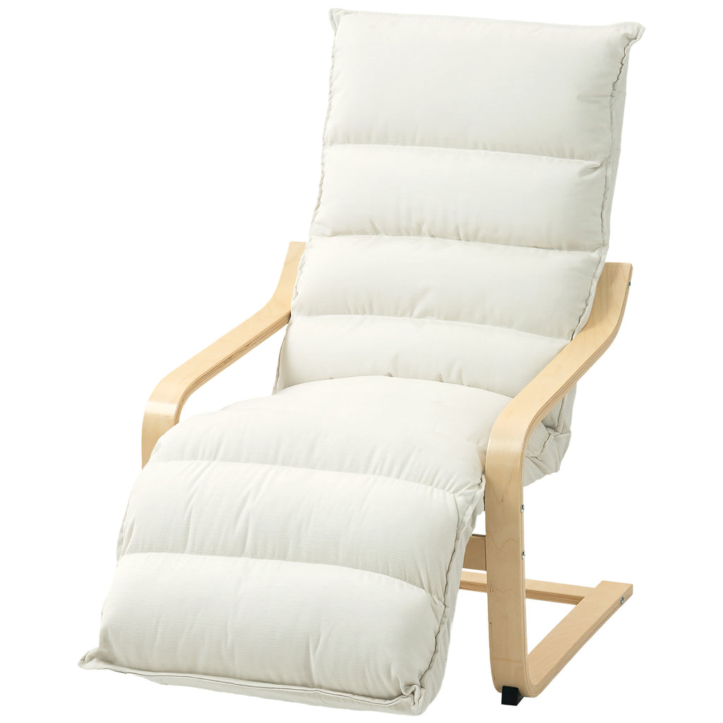 Lounge-Sessel aus Birkenholz, Polstersessel mit verstellbarer Fußstütze, Moderner Armlehnstuhl, Cremeweiß