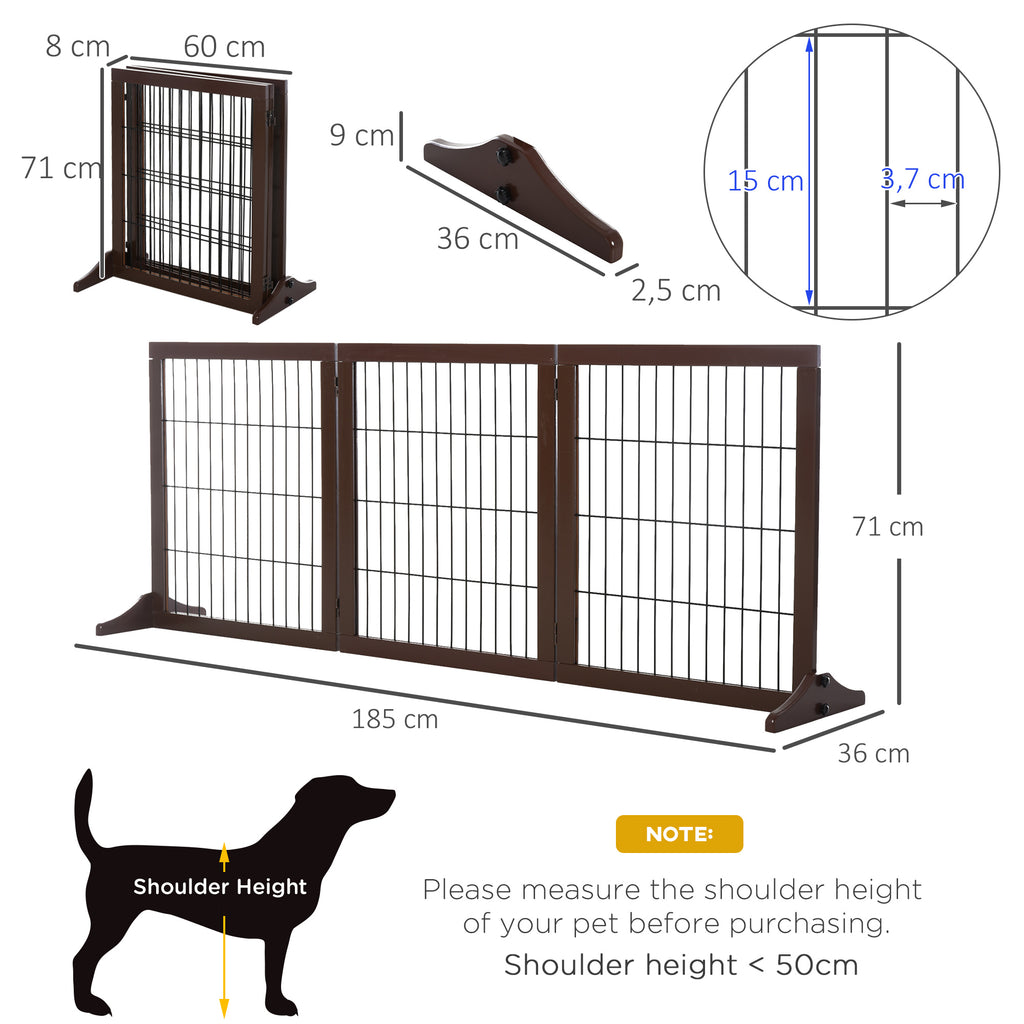 Freestanding Dog Gate 3 Panel Safety Pet Barrier Foldable w/ Support Feet Brown 185 x71 cm