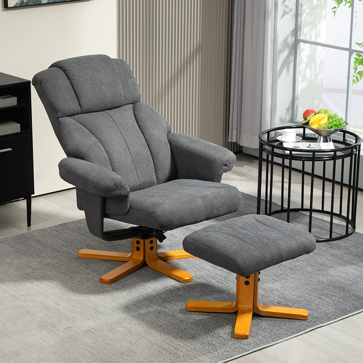 Verstellbarer Sessel mit Fußhocker mit hoher Lehne und Holzrahmen für Wohnzimmer, Schlafzimmer, Dunkelgrau