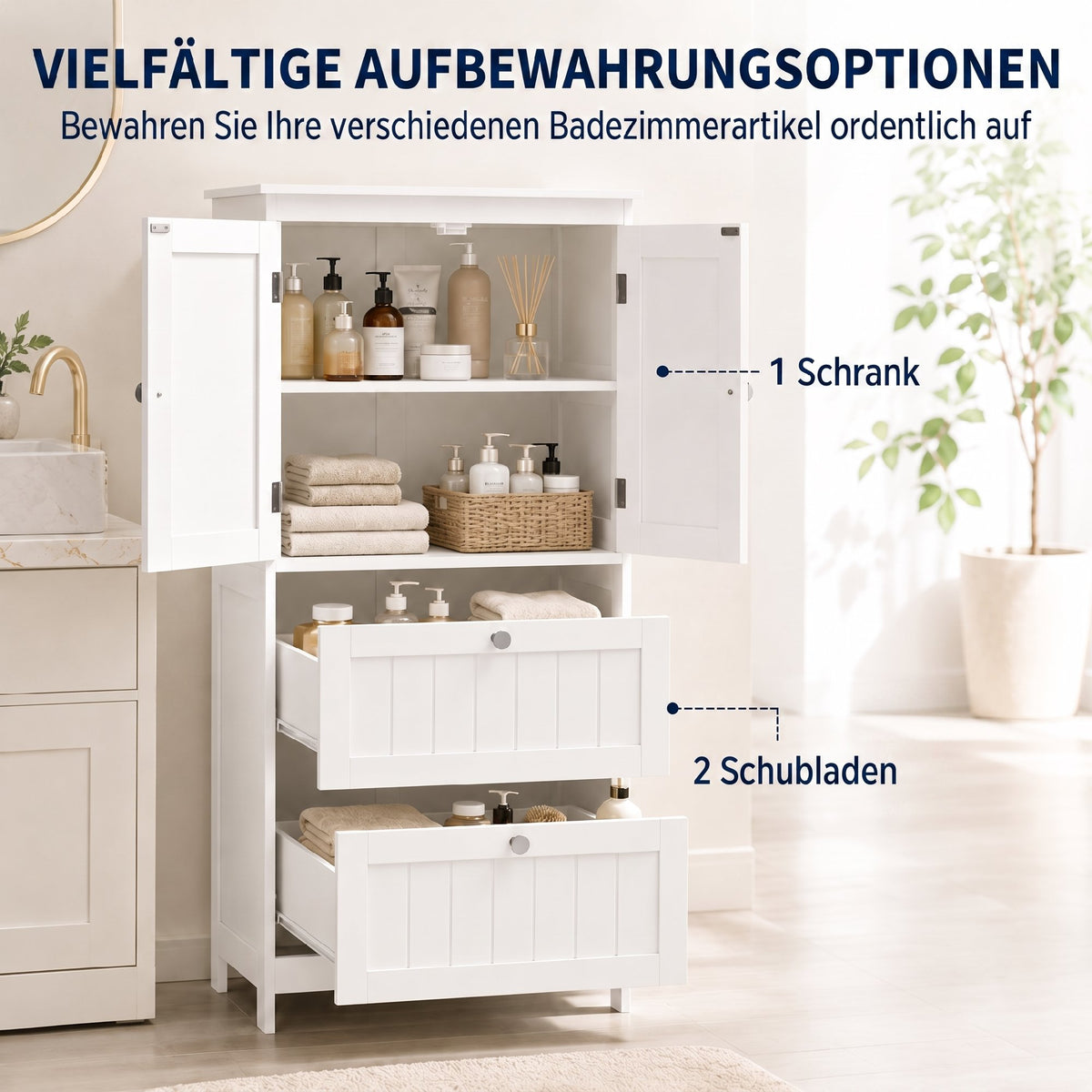 Badezimmerschrank mit 2 Schubladen, freistehend, mit verstellbarem Einlegeboden und Türen in Lamellenoptik, Weiß