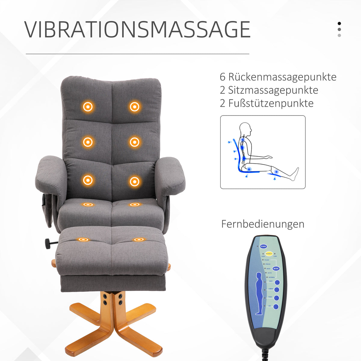 Relaxsessel mit Hocker, 360°drehbarer Fernsehsessel mit Massage, Liegefunktion, Massagesessel mit Seitentasche, TV-Sessel, Polyester für Wohnzimmer Dunkelgrau
