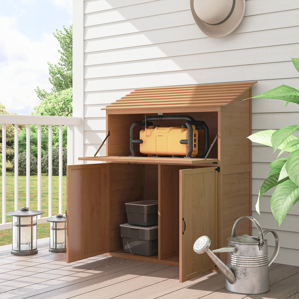 Garten-Aufbewahrungsschrank mit ausklappbarem Tisch, Werkzeugschrank mit Dach, 110 x 54 x 136 cm, Tannenholz, Braun