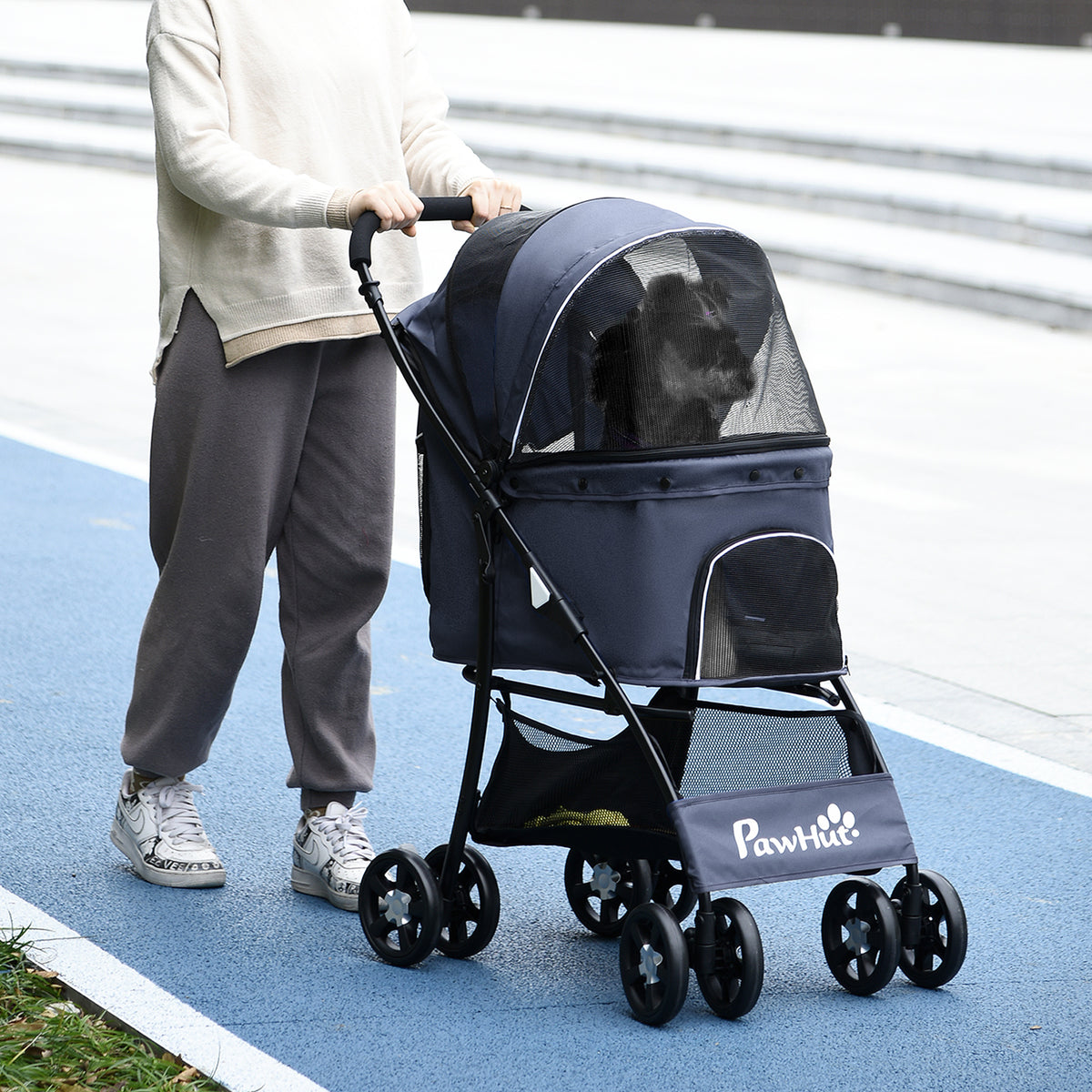 Hundewagen, klappbar, 1 Korb, 1 Kissen, 1 Seitentasche, 81 cm x 48 cm x 99 cm, Grau