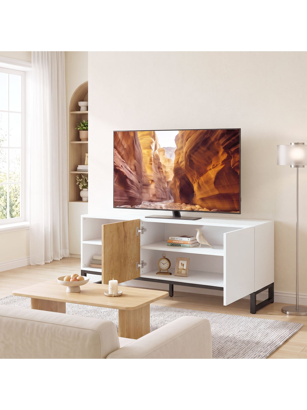 TV-Schrank für Fernseher bis 55 Zoll, Modernes TV-Lowboard, Weiß