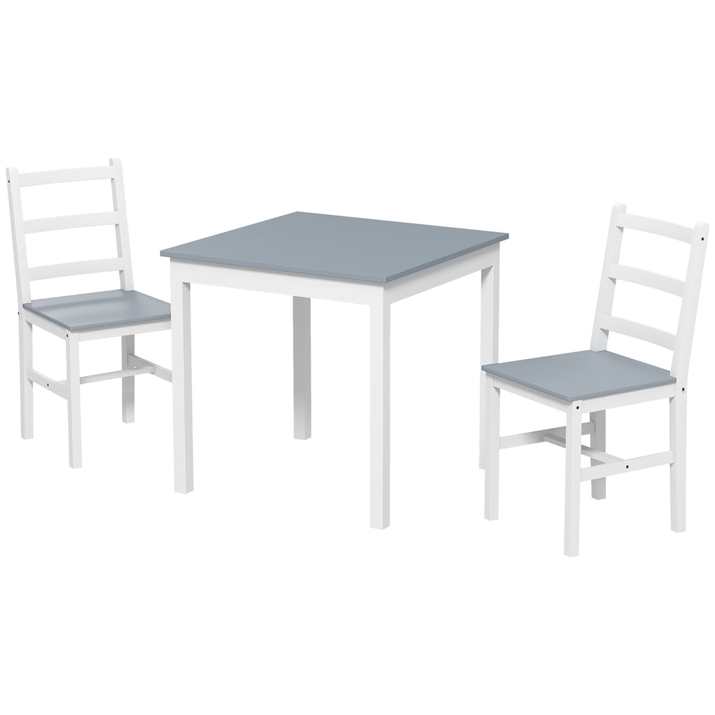 Essgruppe für 2 Personen, 2 Stühle, 1 Tisch, Kiefernholz, Weiß + Grau