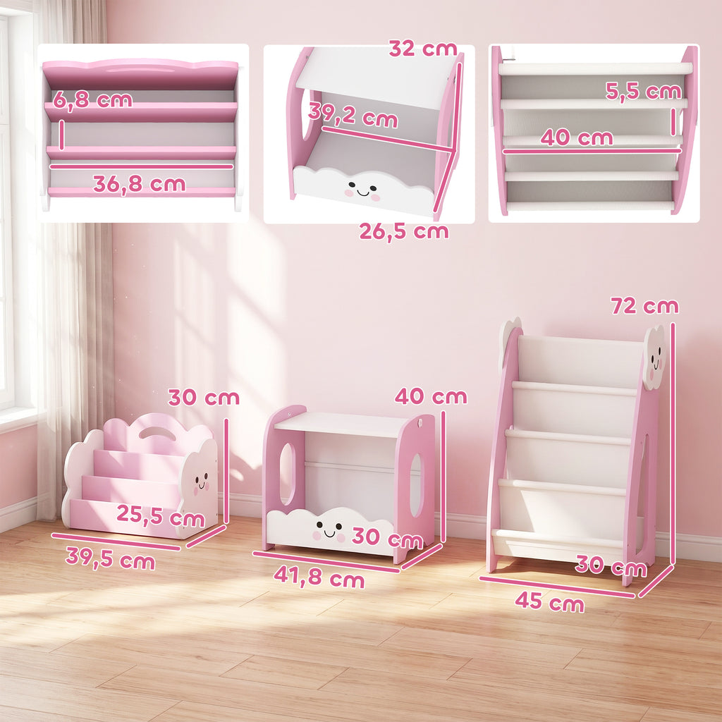 3-in-1 Kinderregal mit Spielzeugaufbewahrung, Modularer Bücherregal mit 4 Taschen & 3 Ebenen sowie Nachttisch, Rosa
