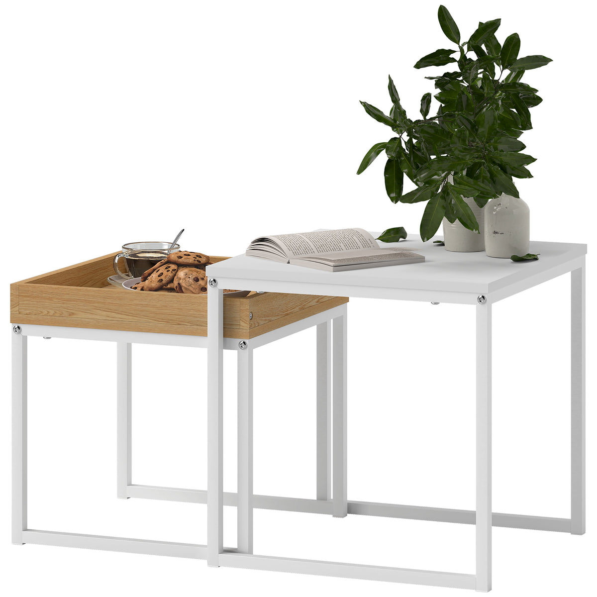 Set of Two Boxy Nesting Tables - White/Wood-Effect