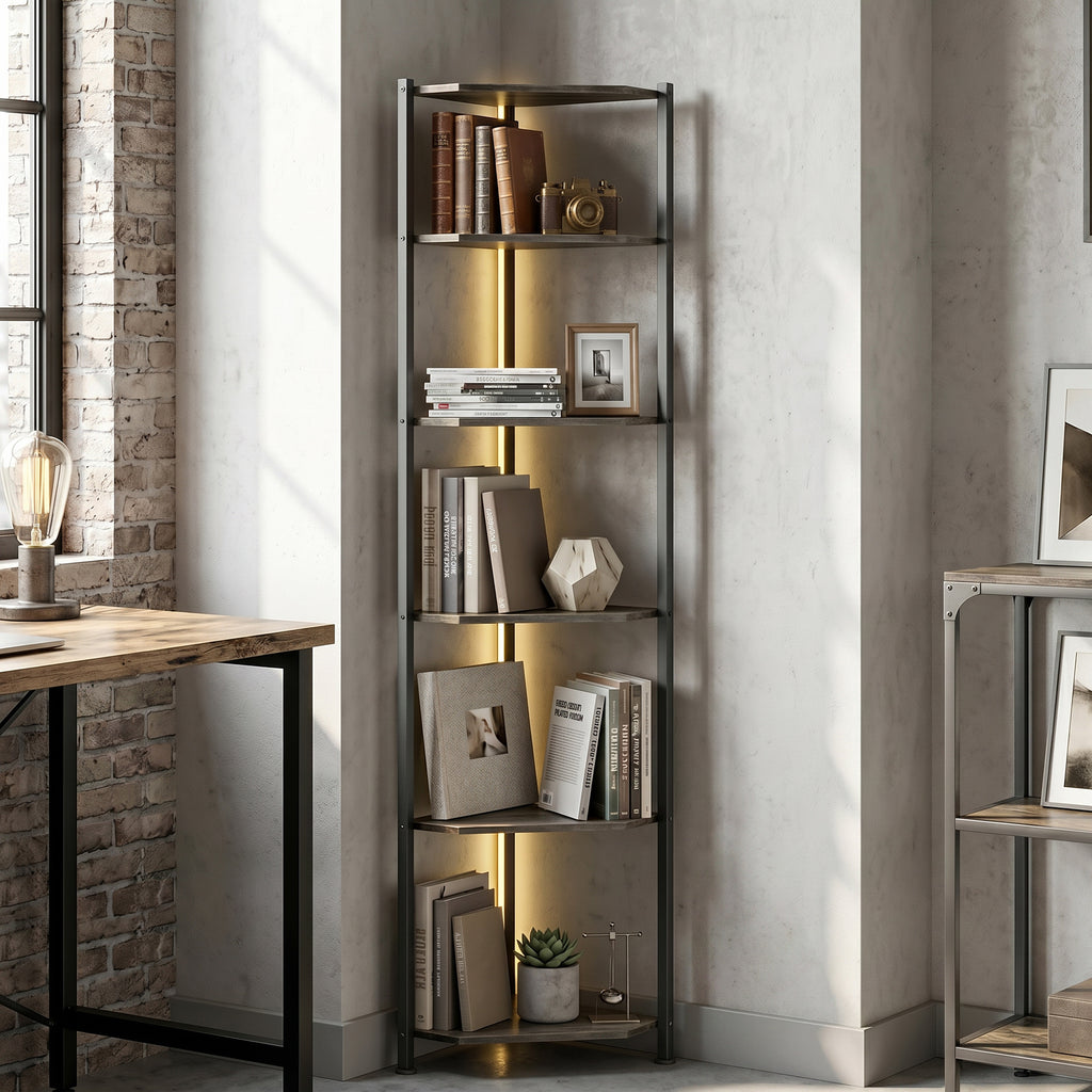 Bücherregal 5-stöckiges Eckregal mit LED-Beleuchtung für Wohnzimmer, Schlafzimmer, Büro, Rustikal Braun