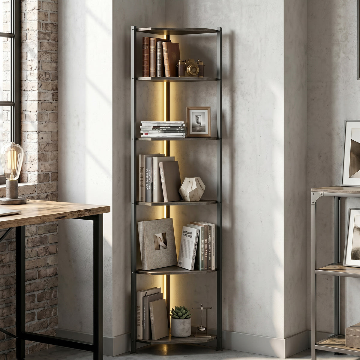 Bücherregal 5-stöckiges Eckregal mit LED-Beleuchtung für Wohnzimmer, Schlafzimmer, Büro, Rustikal Braun