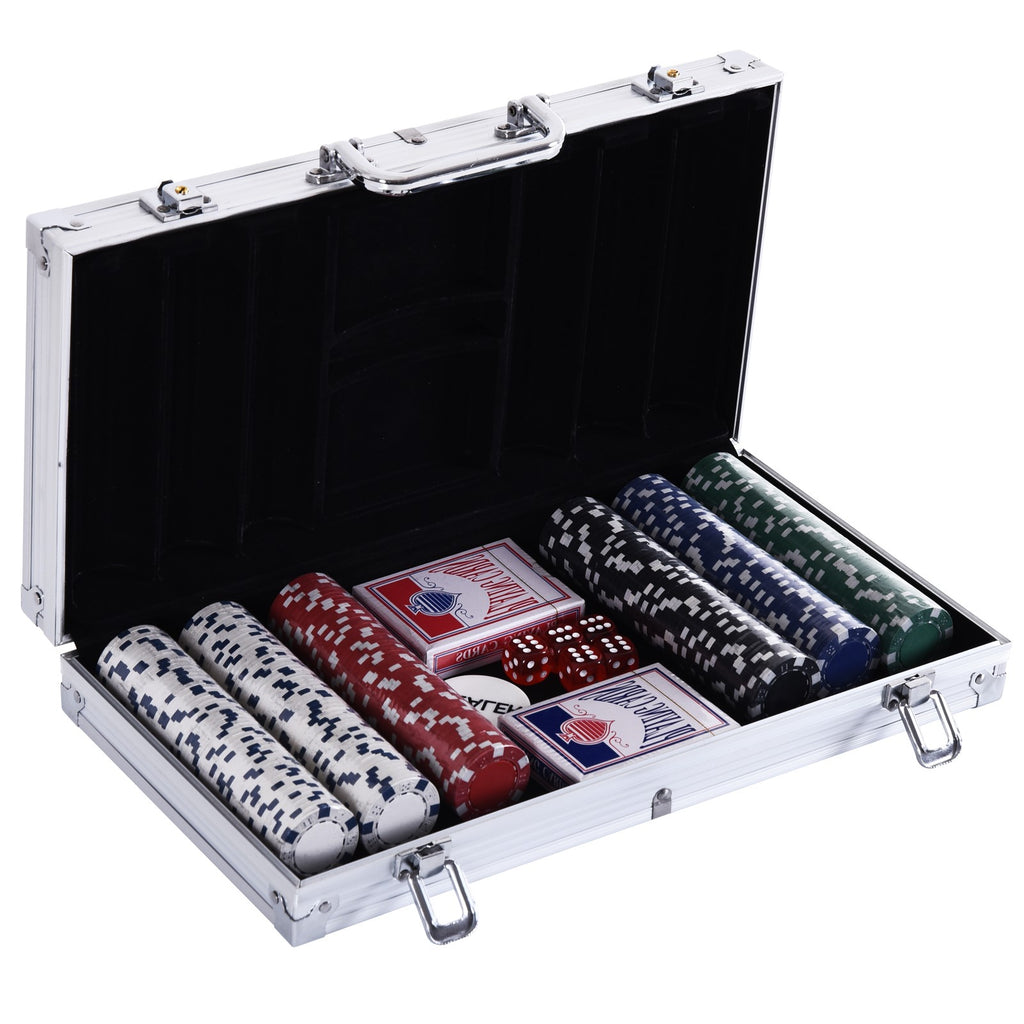  Poker Chips Set 300 PCs Casino Game Striped Dice 2 Decks of Cards Silver Aluminium Case