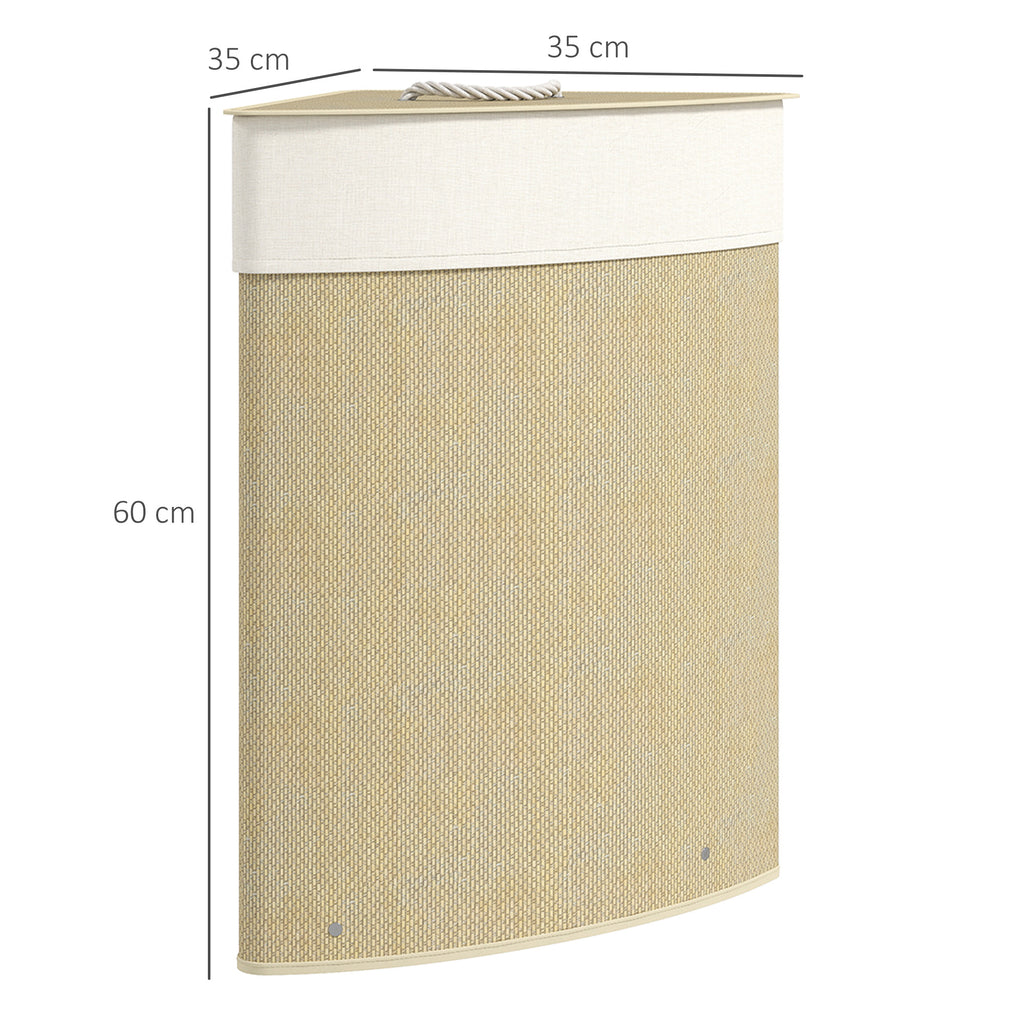 Wäschekorb im Eckdesign, Bambusgeflecht, 55 Liter, Stoffbeutel, Metallrahmen, Creme