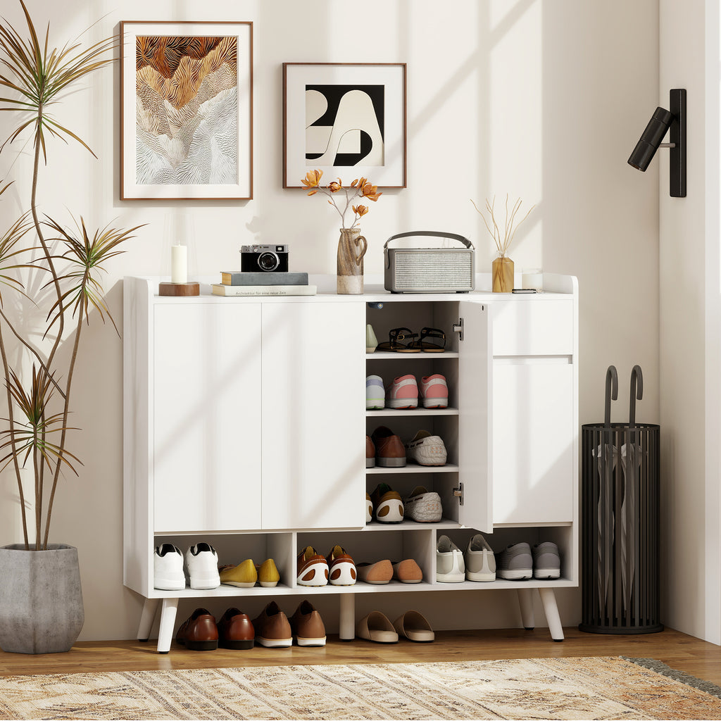 Schuhschrank mit grifflosem Design, 4 T¨¹ren, 4 verstellbare Regale, freistehendes Schuhregal mit 5 Holzbeinen, Holz, Wei?
