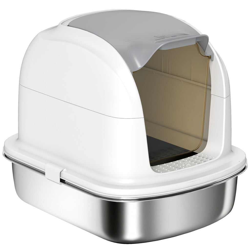 Stainless Steel Cat Litter Box with Lid, for Cats, Enclosed Cat Litter Box with Flip Cover, Scoop