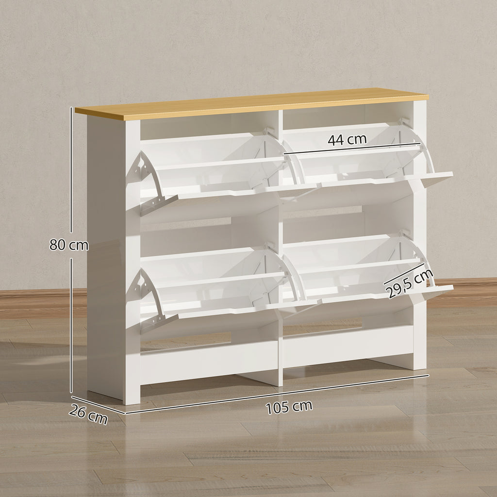 Schuhschrank Schmal mit 4 Klappfächern für 8–16 Paar Schuhe, 105 x 26 x 80 cm, Weiß+Natur