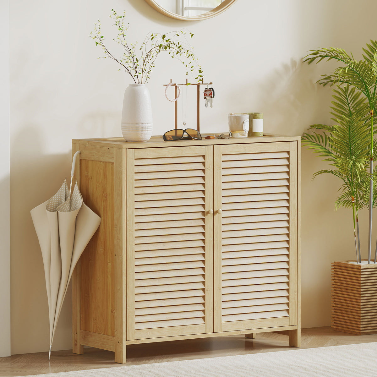 Bamboo Shoe Cabinet with Louvered Doors, 14 Pairs Shoe Storage Cabinet with Adjustable Shelves for Hallway, Natural