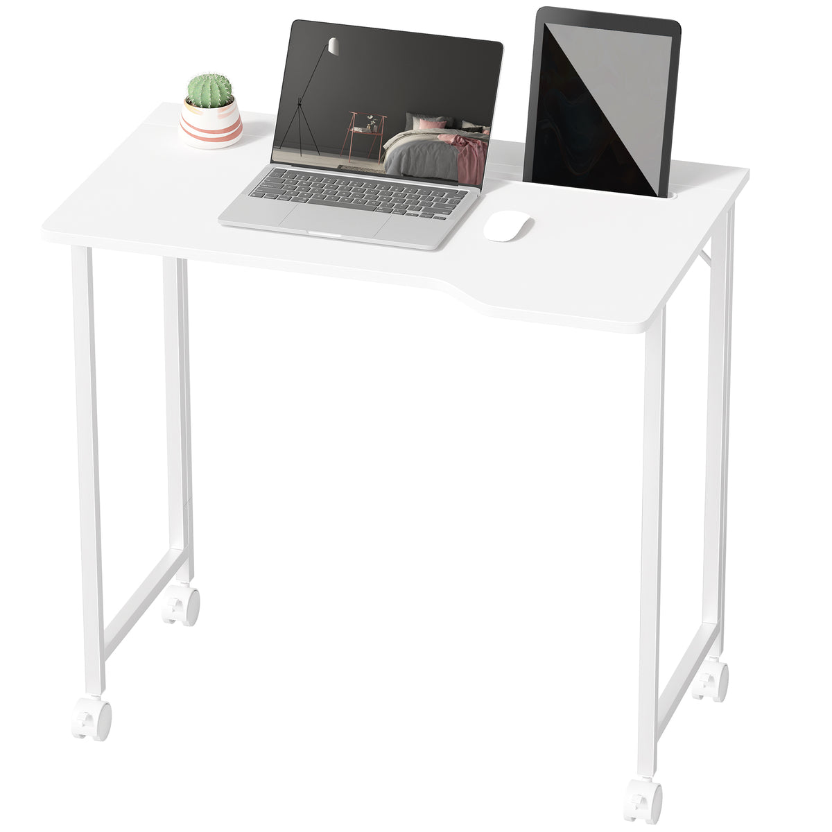 Small Folding Desk, with Wheels - White Wood-Effect