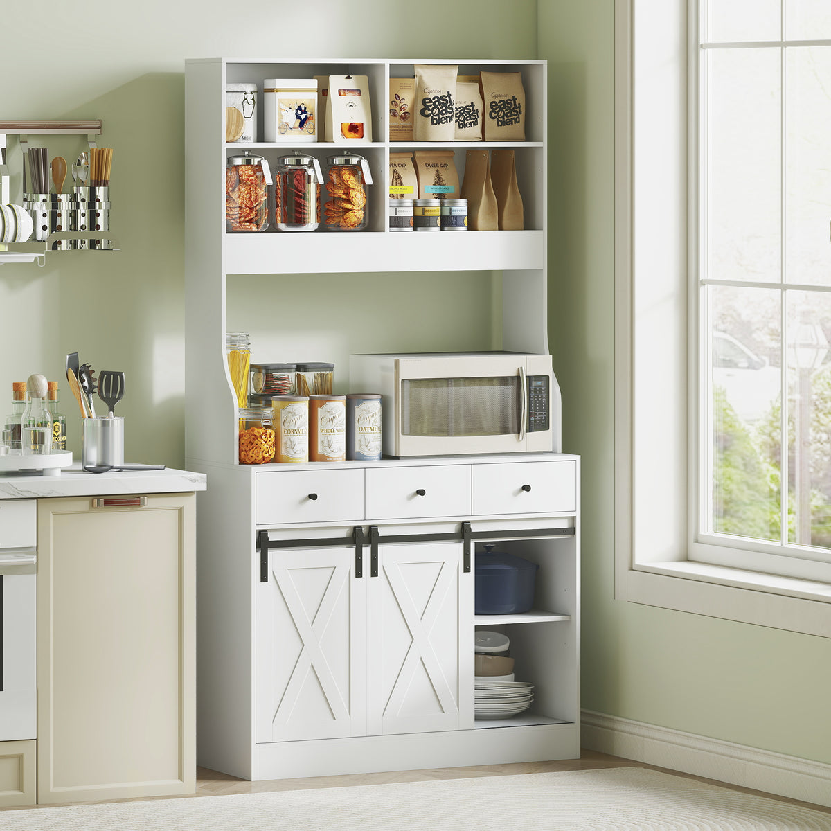 K¨¹chenschrank mit Regalen, Schr?nken, Schubladen und Ablagefl?che, Bauernhaus-Flair, verstellbare Regale, Holz, Wei?