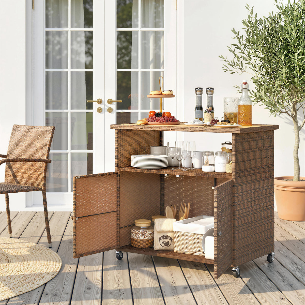 Servierwagen Rattan Küchenwagen mit FSC Eukalyptusholz-Arbeitsplatte Ablagefach Rollen Seitengriff 95 x 54 x 84 cm