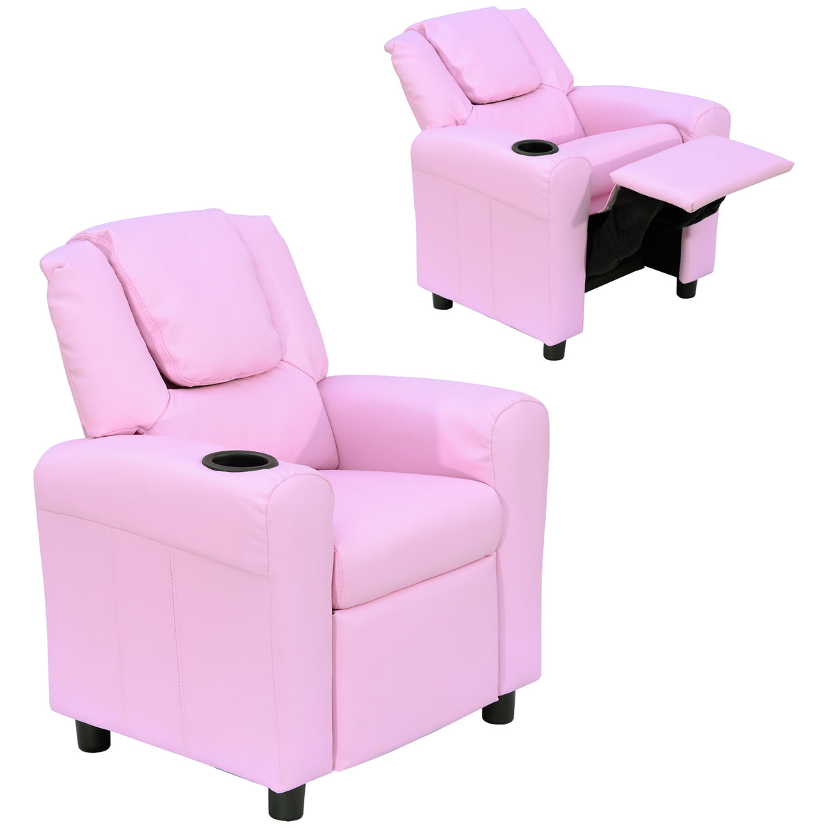 Kids Recliner Chair, PU Leather with Adjustable Backrest, Footrest, Padded Headrest, Pink