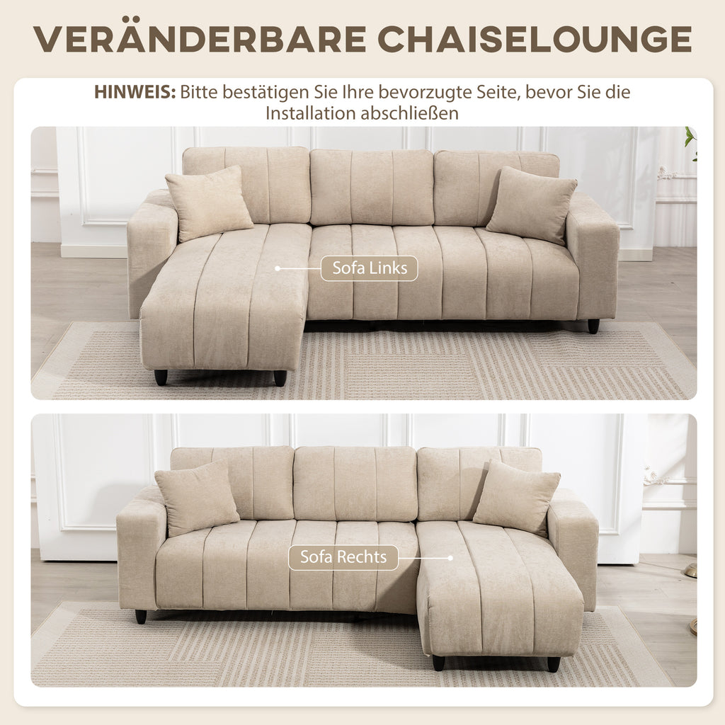 Ecksofa, Chaiselongue Umkehrbar, Kissen, 242 x 156 x 87 cm, Beige