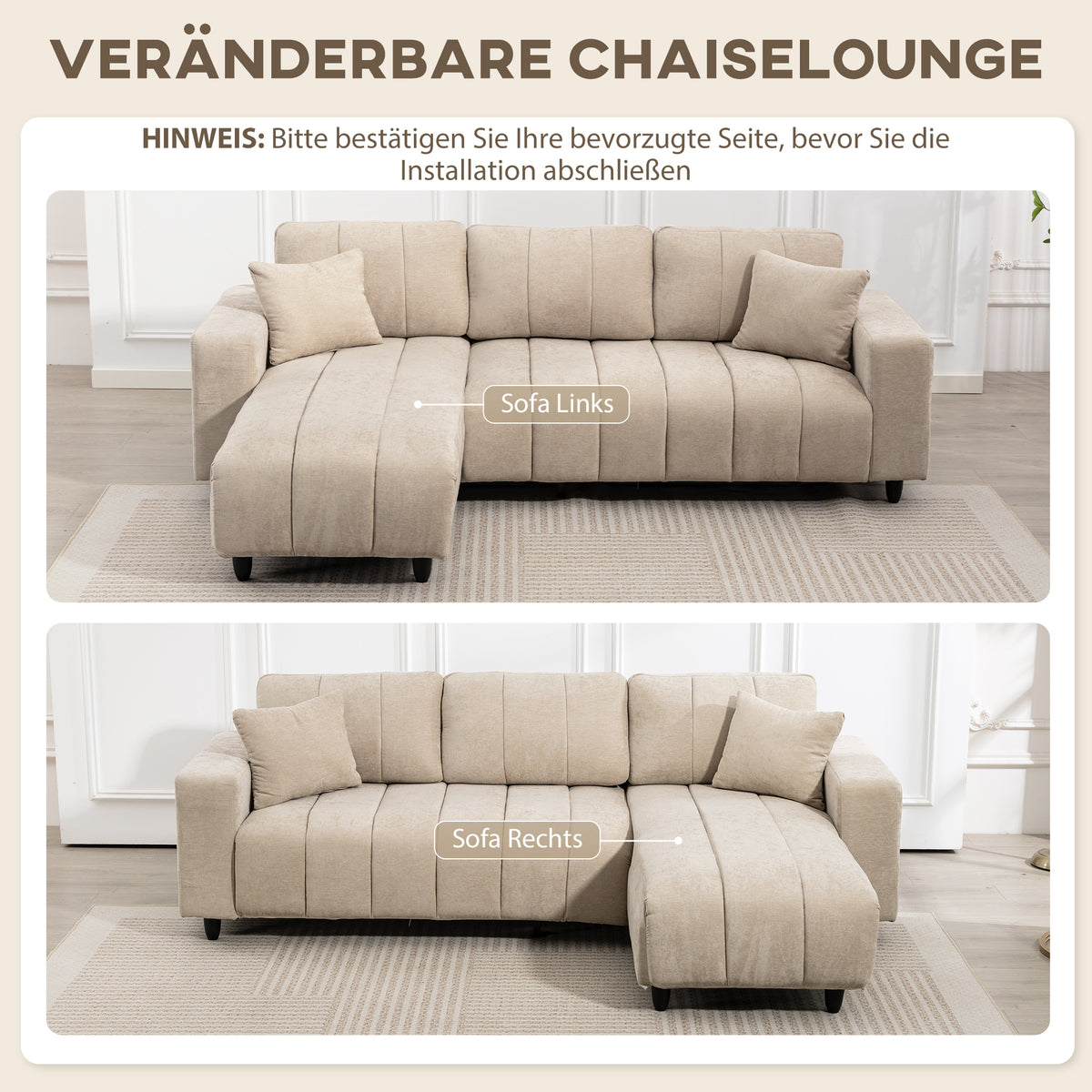 Ecksofa, Chaiselongue Umkehrbar, Kissen, 242 x 156 x 87 cm, Beige